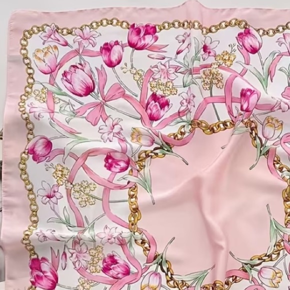 Pink Tulips & Floral with Chain Print Silky Scarf - Picture 6 of 7